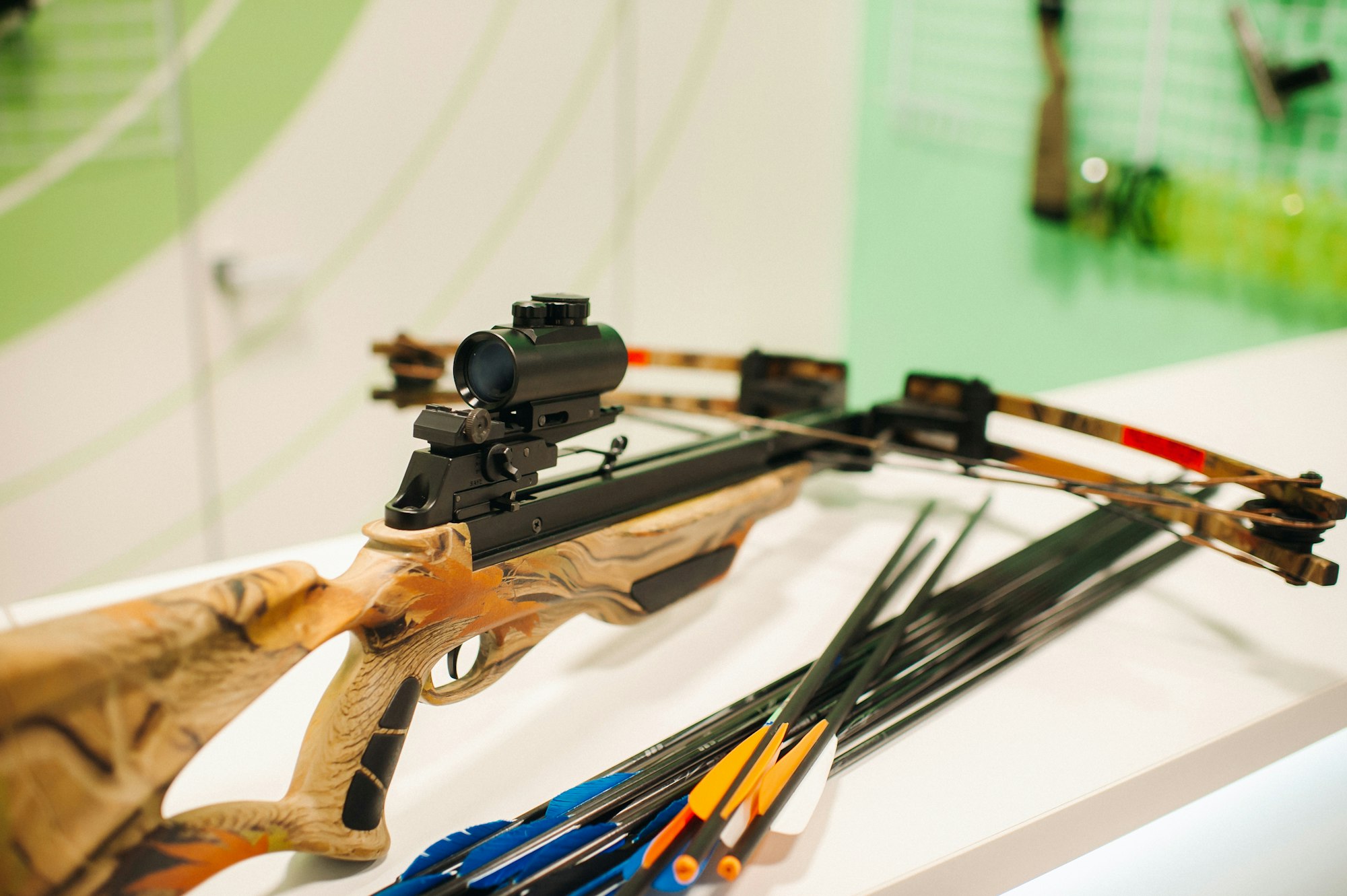 crossbow with arrows for shooting at a shooting range.Weapons for shooting at a shooting range